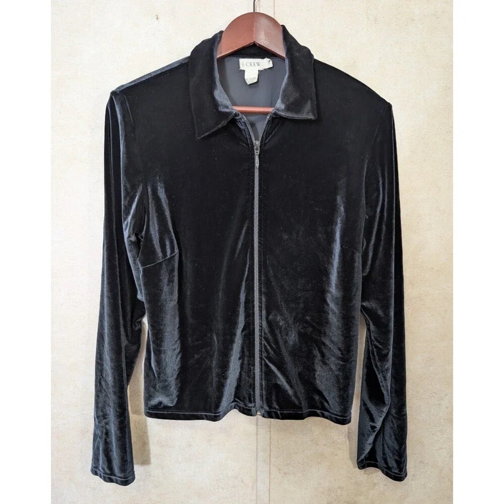Vintage J Crew Velvet Track Jacket Womens XL Black Velour Zip Up 90s Bomber